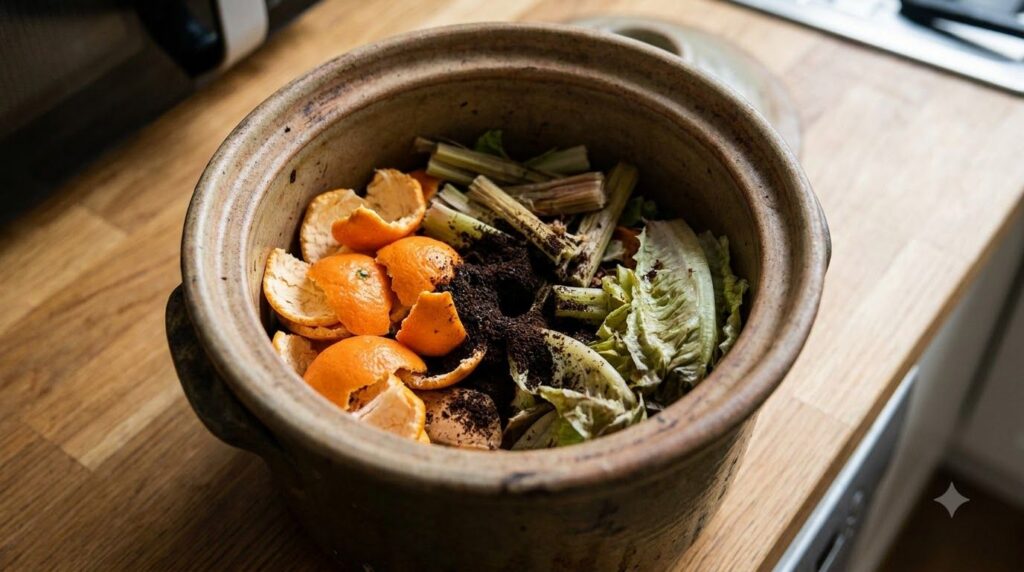 Chopped tangerine peels mixed with other kitchen scraps in a small compost bin ready to be added to a larger compost pil