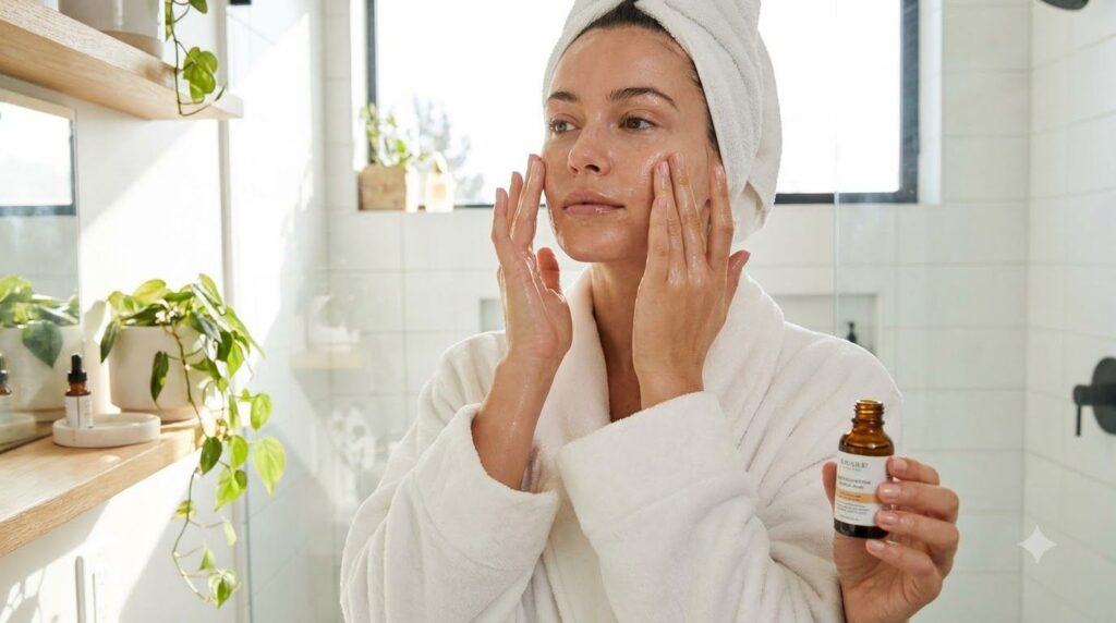 A woman gently massaging serum onto her face in a well-lit bathroom with a small dropper bottle visible