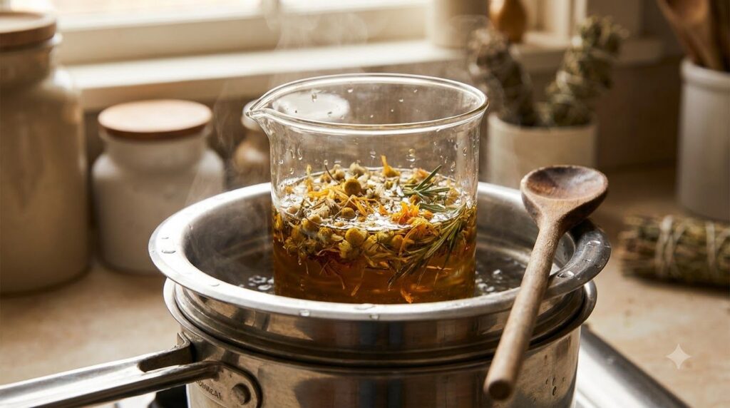 A close-up of a double boiler infusing oil with botanical ingredients with steam gently rising