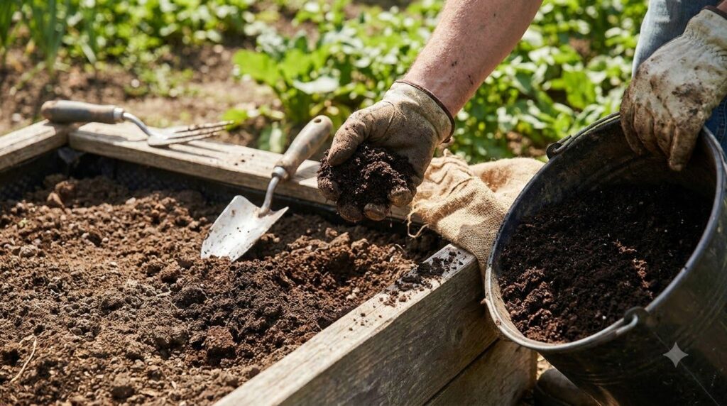 A gardener preparing soil by loosening it and adding compost to a raised garden bed