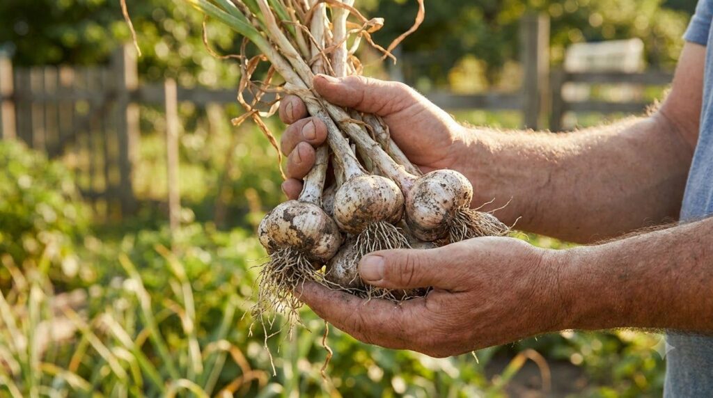 A gardener holding freshly harvested garlic bulbs with dirt still clinging to the roots