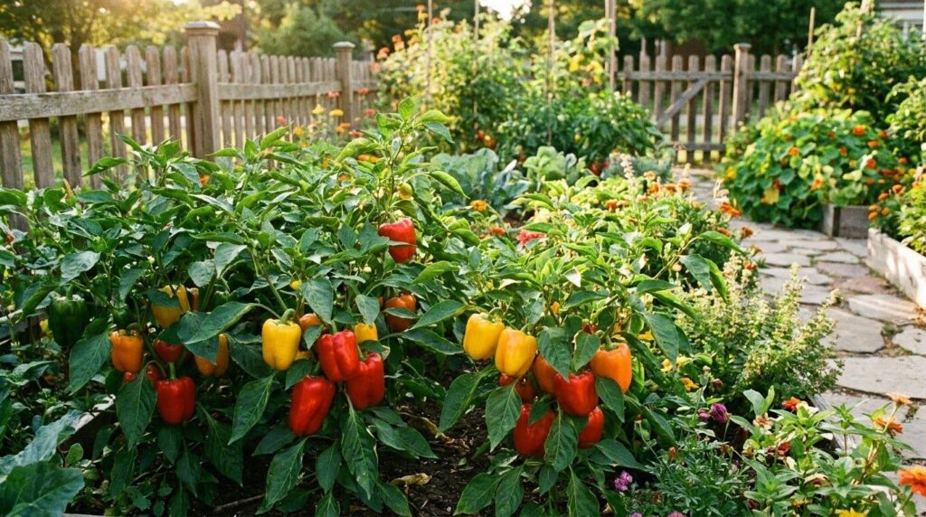 A vibrant garden with several bell pepper plants some with ripe red yellow and orange bell peppers growing on them indic