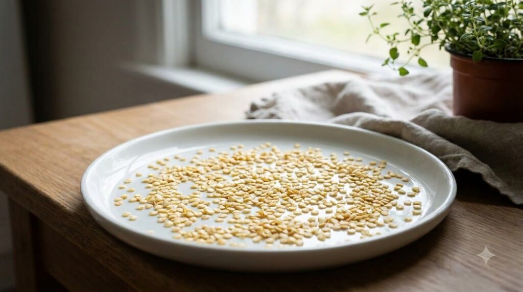 Dried bell pepper seeds laid out in a single layer on a ceramic plate in a warm dry spot with good air circulation
