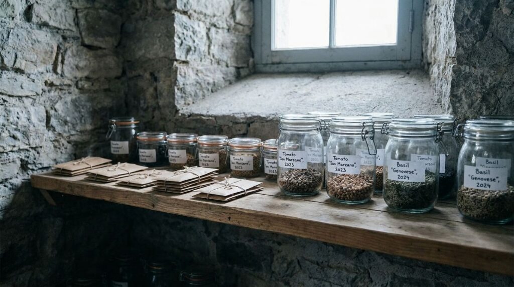 Small clearly labeled paper envelopes and glass jars filled with various dried garden seeds neatly organized in a cool d