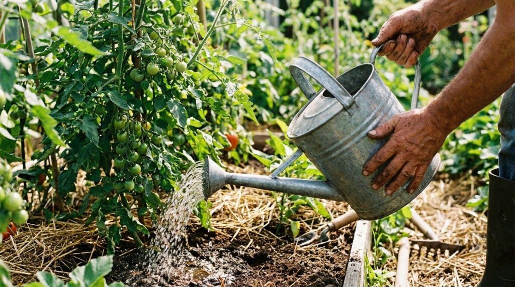 A gardener watering a vibrant tomato plant with a homemade liquid fertilizer from a watering can in a sunny vegetable ga