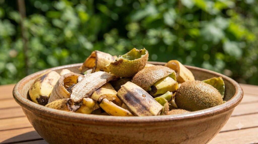 A close-up of banana peels and kiwi skins in a bowl ready to be turned into fertilizer against a blurred garden backgrou