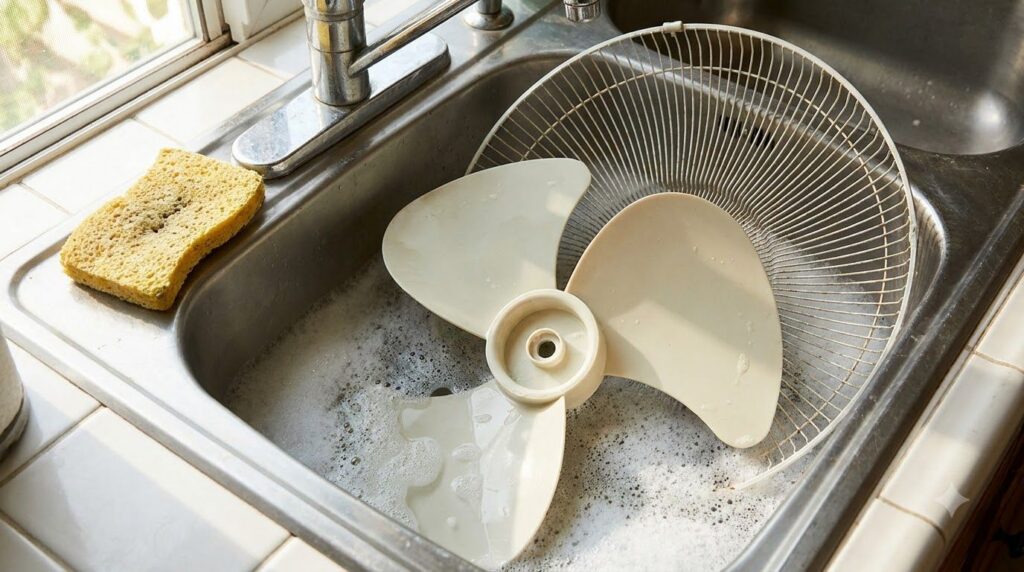 Detached fan blades and grilles soaking in soapy water in a kitchen sink