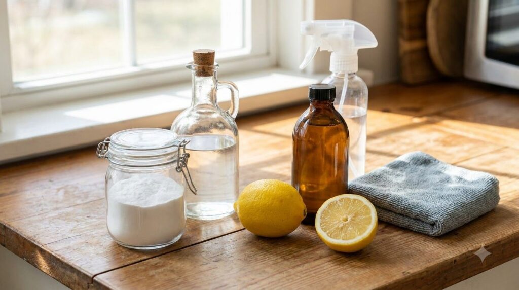 A close-up of various natural cleaning ingredients on a wooden counter baking soda in a jar a bottle of white vinegar a 