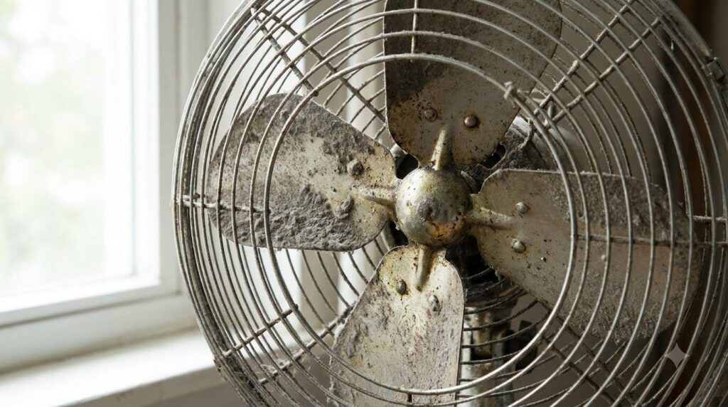 A close-up of a very dusty desk fan showing thick layers of grime on the blades and grille