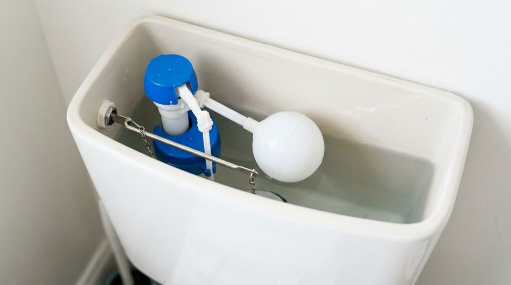 A clear view inside a toilet tank showing the fill valve mechanism with its float cup or ball The water level is low emp