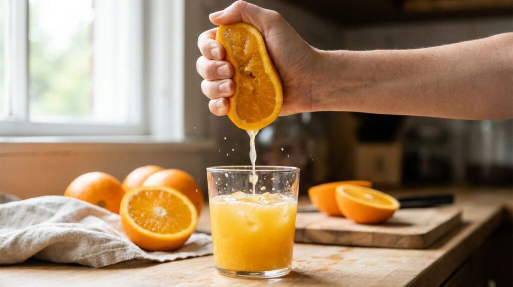Close-up of a hand squeezing a fresh orange into a glass highlighting the preparation of a vitamin C drink