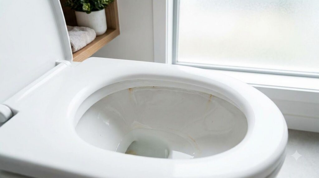 A close-up shot of a toilet bowl with water level unusually low or completely empty indicating a refilling issue The set