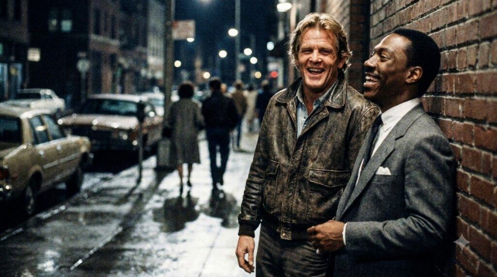Nick Nolte and Eddie Murphy laughing together in a scene from the movie 48 Hrs