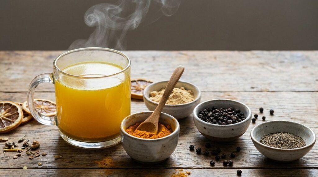 A clear glass mug with a golden-yellow spiced drink steam rising gently Nearby small bowls contain turmeric powder ginge