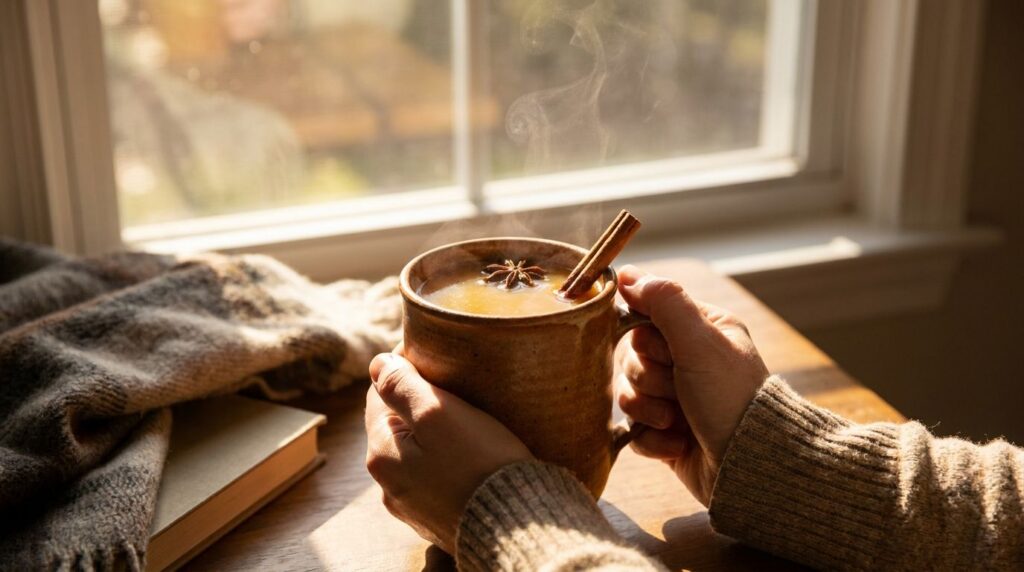 A hand holding a warm mug of spiced beauty drink with sunlight streaming through a window in the background creating a c