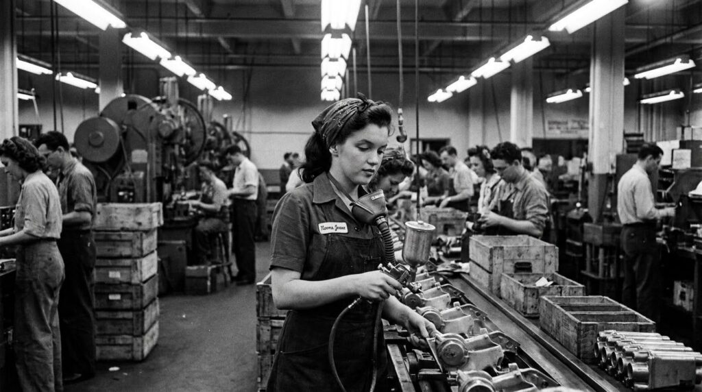 A black and white photo of young Norma Jeane Mortenson working on an assembly line spraying airplane parts at the Radiop