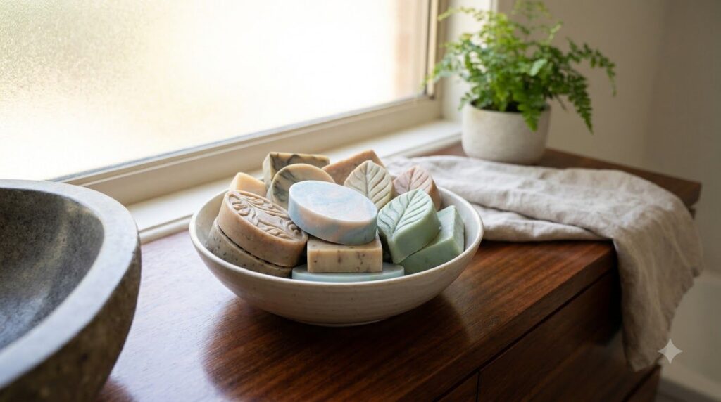 Assortment of artisan soaps in a decorative bowl on a bathroom counter with small pebbles and a green plant nearby