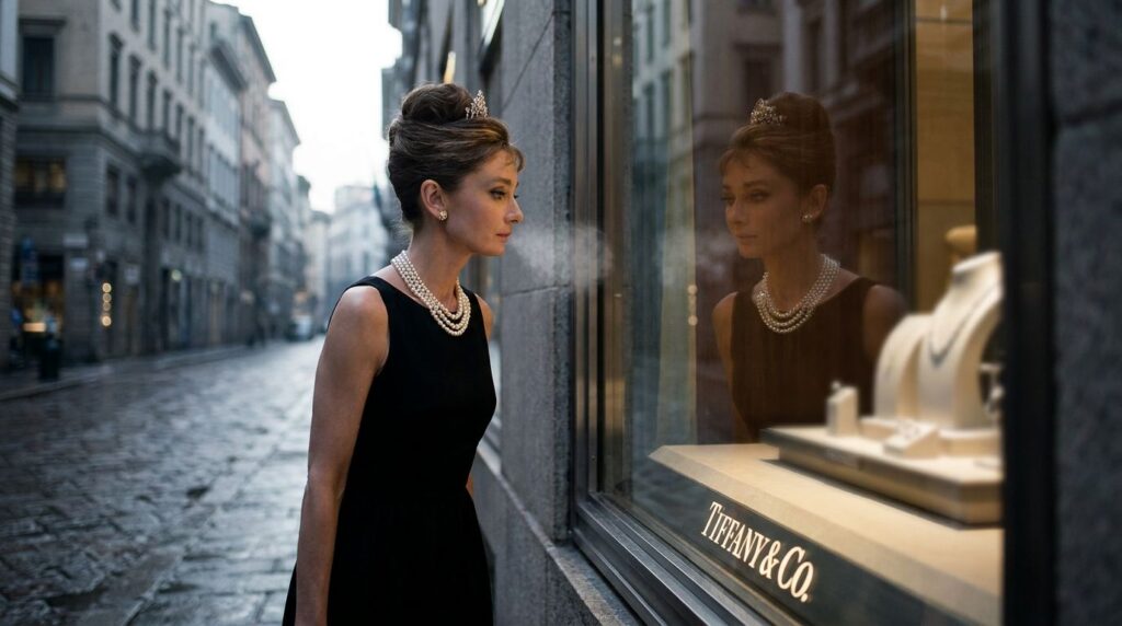 Audrey Hepburn as Holly Golightly in Breakfast at Tiffany s wearing her iconic black dress pearls and tiara looking into