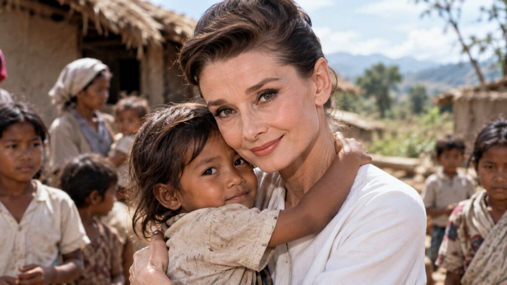 Audrey Hepburn as a UNICEF ambassador interacting warmly with children in a developing country showing her compassionate