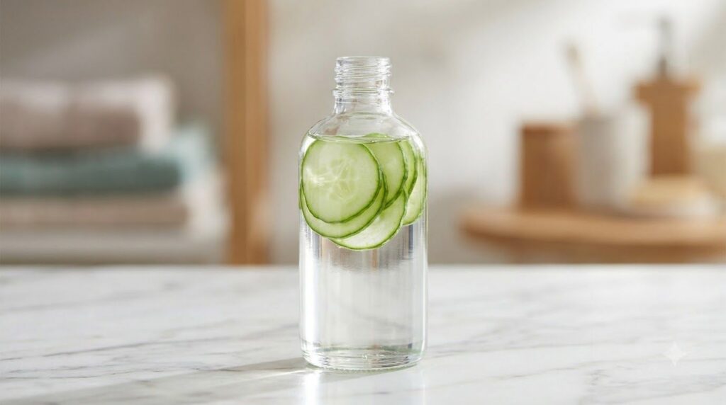 A close-up of a glass bottle of baby oil infused with fresh cucumber slices resting on a clean white surface The backgro