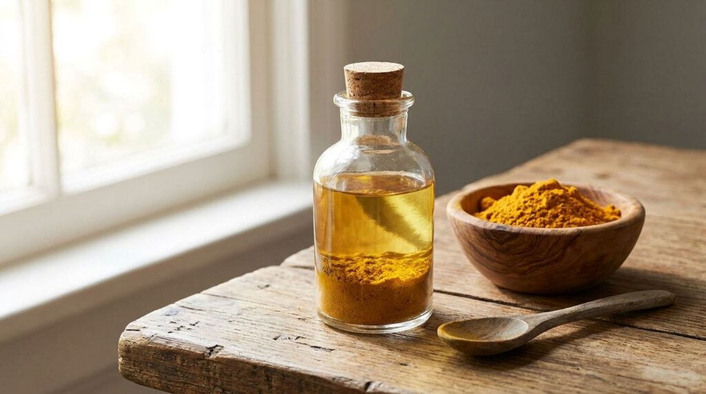 A close-up of a glass bottle of baby oil with turmeric powder settled at the bottom accompanied by a small bowl of turme