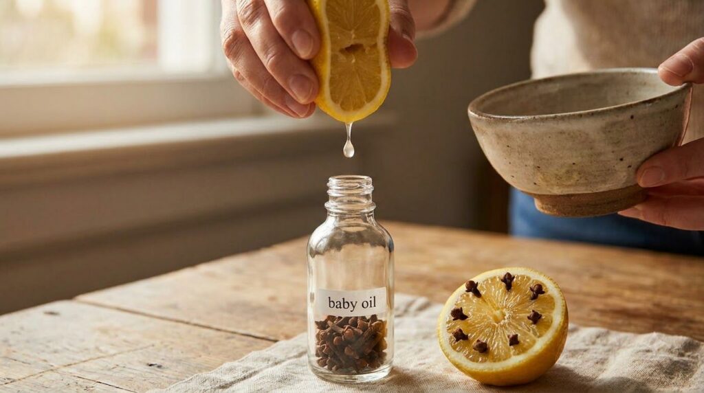 A hand squeezing a lemon with a drop falling into a baby oil bottle containing cloves and a lemon half with cloves below