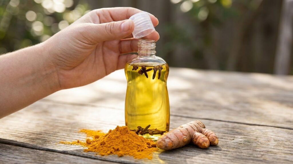 A hand holding a cap over a baby oil bottle with a yellow liquid and cloves with turmeric powder and root below illustra