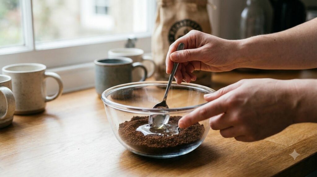 Hands mixing a small amount of baby oil with coffee grounds in a clear glass bowl demonstrating the infusion process The
