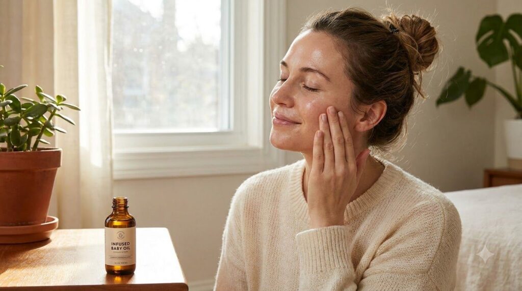 A woman gently massaging the infused baby oil onto her face showing a relaxed and happy expression Her skin appears hydr