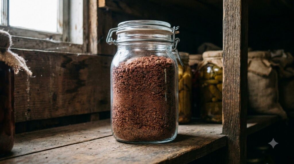 An airtight jar filled with finely ground grape seed powder stored in a cool dark pantry