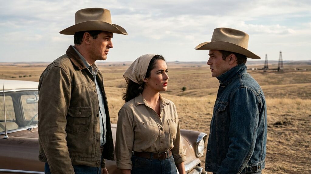 Real film still from the 1956 movie Giant featuring Rock Hudson Elizabeth Taylor and James Dean in a dramatic outdoor sc
