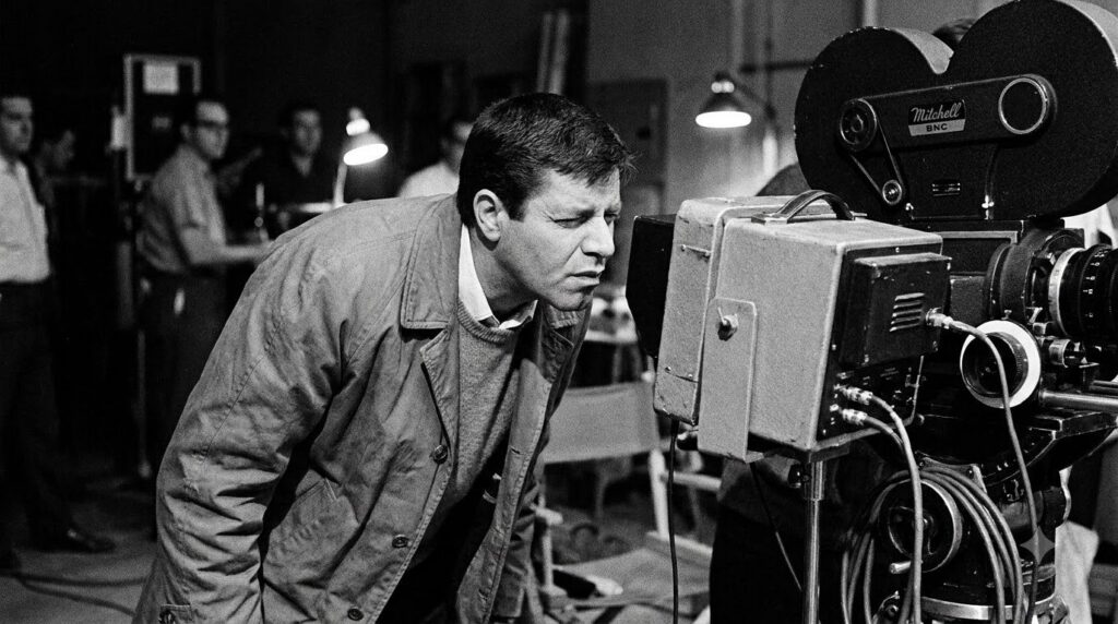 A vintage image showing Jerry Lewis on a movie set possibly directing with an early version of a video assist monitor or