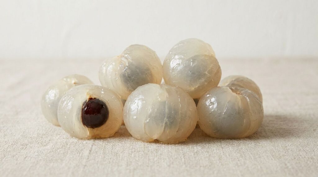 A close-up of several peeled longan fruits showing their translucent white flesh and the dark round seeds visible throug