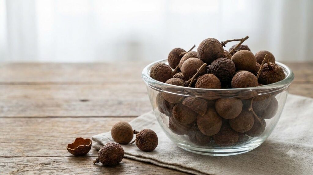 A clear glass bowl filled with dried longan fruit showcasing their shriveled dark brown appearance