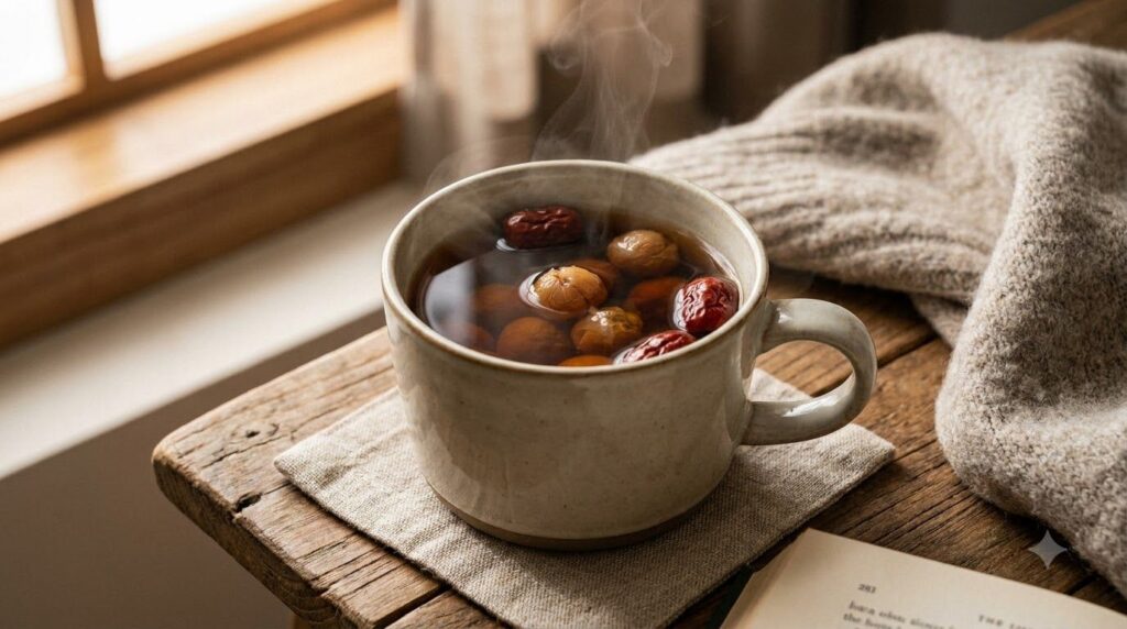 A steaming mug of longan tea with a few dried longan pieces floating in it set on a wooden table creating a cozy and inv