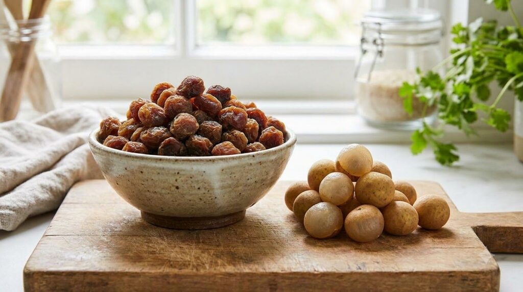 A bowl of dried longan fruit next to a pile of fresh longan fruit illustrating the difference between the two forms The 