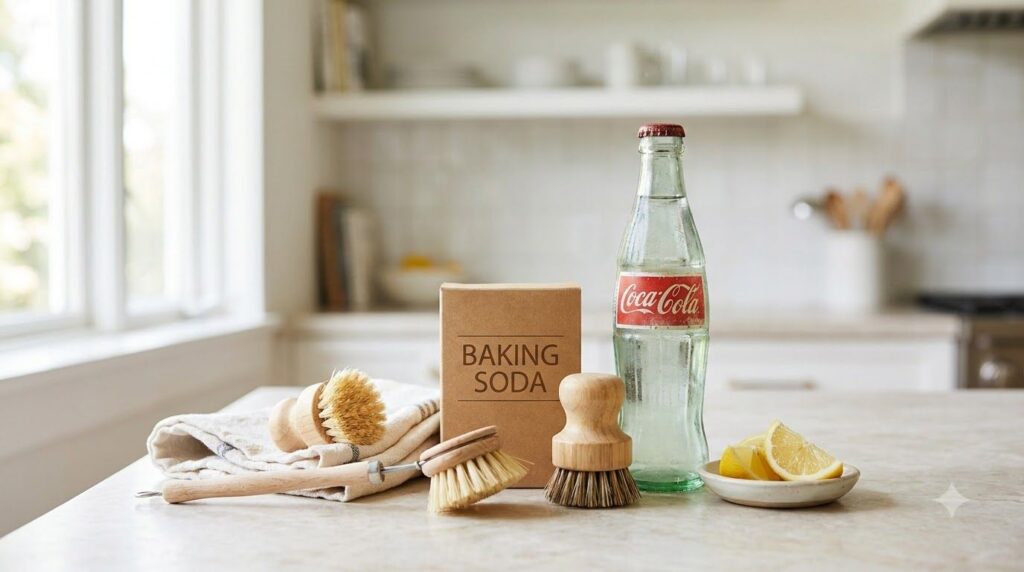 Various kitchen utensils including a baking soda box Coca-Cola bottle and scrubbing brushes ready for a cleaning project