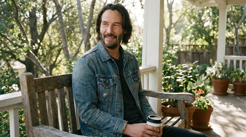 A real publicity photo of Keanu Reeves from a different film or a candid shot from an event showcasing his versatility o