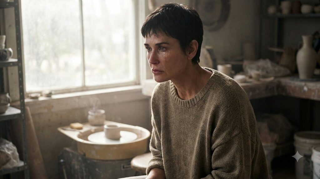 Demi Moore in a dramatic scene from the movie Ghost perhaps with Patrick Swayze s character s ghost or working at her po