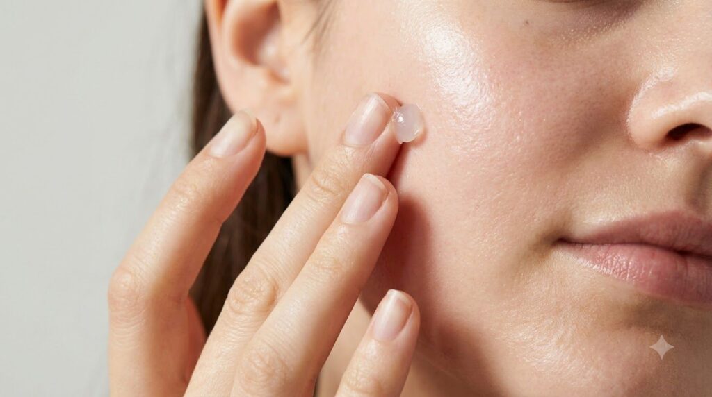 A close-up of a person s hand gently dabbing a tiny amount of Vaseline onto their cheek which has a subtle sheen from pr