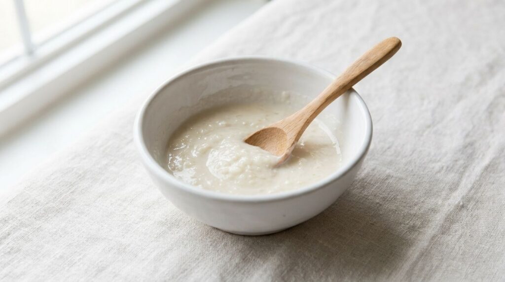 A white ceramic bowl filled with a creamy smooth rice and milk face mask mixture with a small spoon resting inside it Th