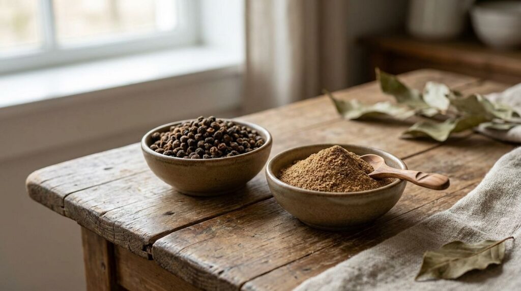 A small bowl of dried whole papaya seeds next to a bowl of freshly ground papaya seed powder with a wooden spoon