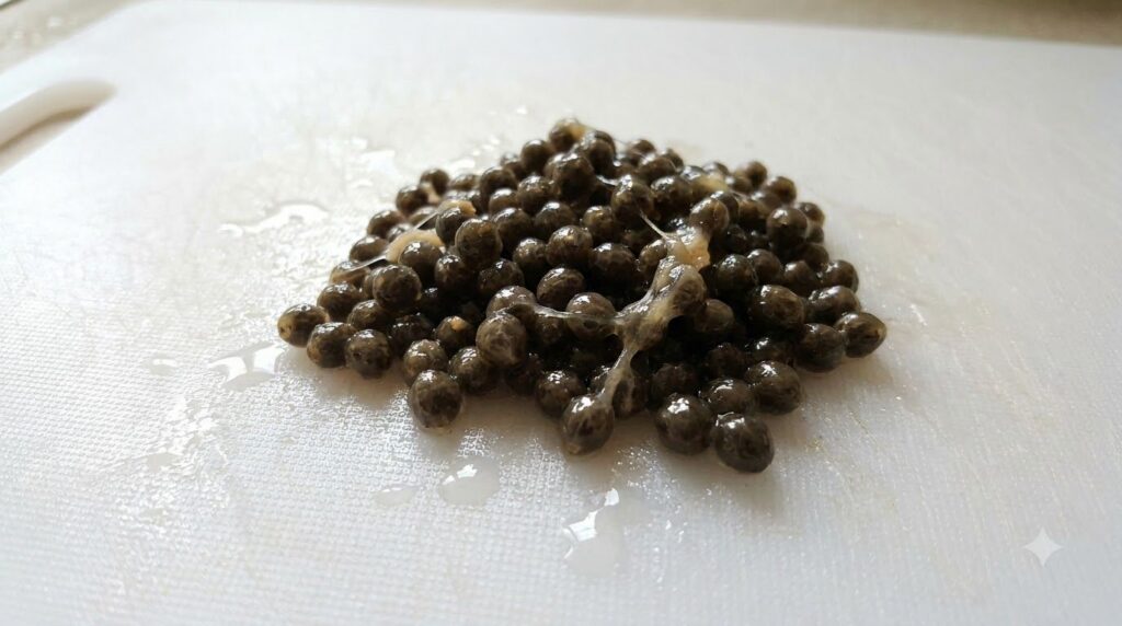 A close-up shot of a small pile of fresh black papaya seeds on a white cutting board ready for rinsing or drying