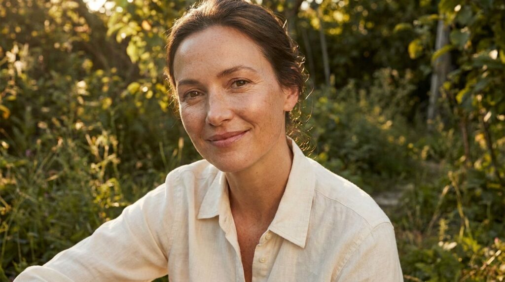 A woman with glowing smooth skin smiling gently to illustrate the desired results of the facial oil