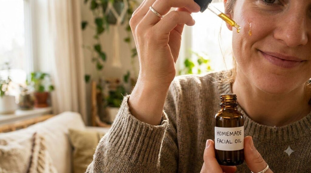 A hand holding a dropper bottle of homemade clove and flaxseed oil over a woman s face demonstrating application