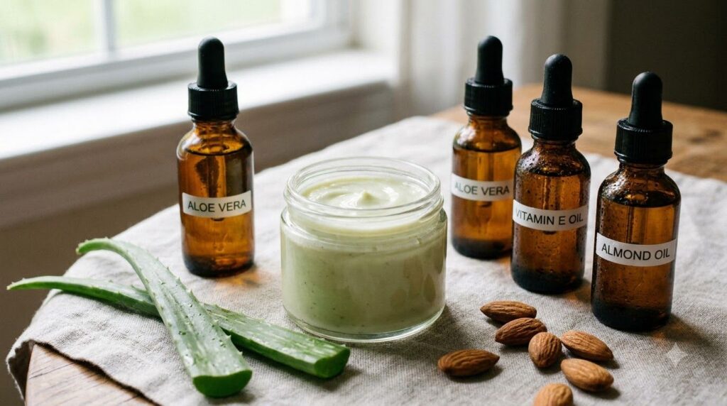 Close-up of a small glass jar filled with a creamy light green or white DIY serum surrounded by small bottles of aloe ve