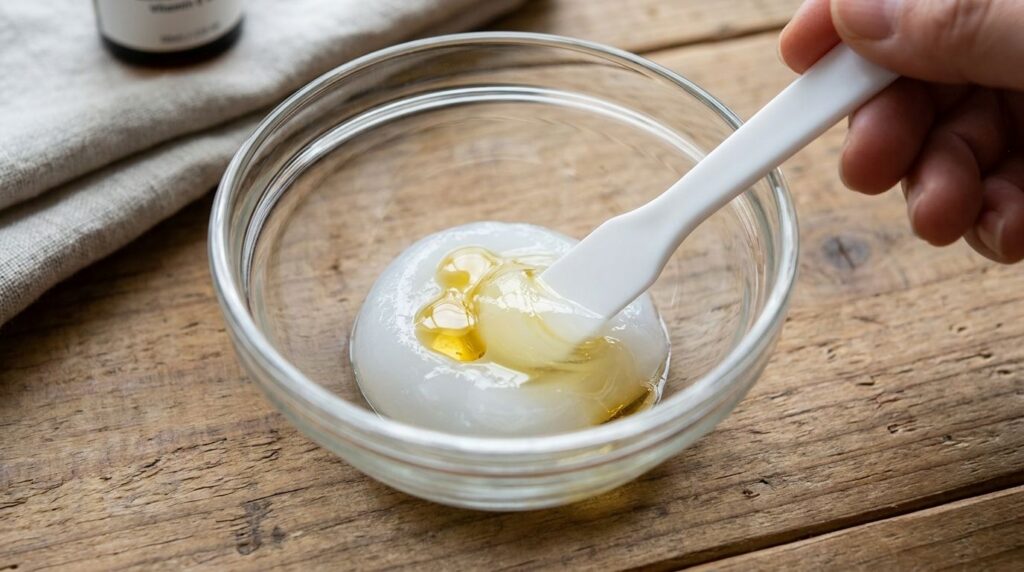 Close-up of a small bowl with Vaseline and a few drops of Vitamin E oil being mixed with a small spatula to create a smo