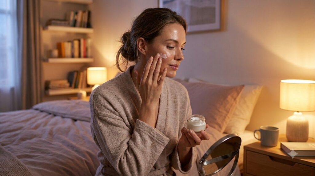 A woman applying a small amount of cream to her face before bed her skin appearing soft and well-hydrated The setting is