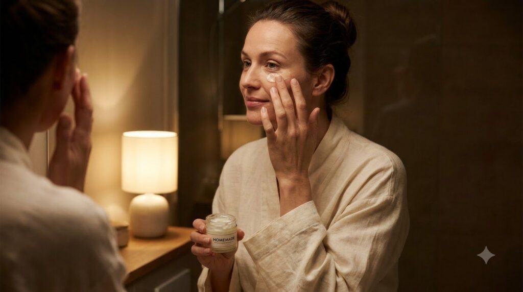 A woman gently applying a small amount of the Vaseline anti-aging mix to her under-eye area at night in a soft diffused 