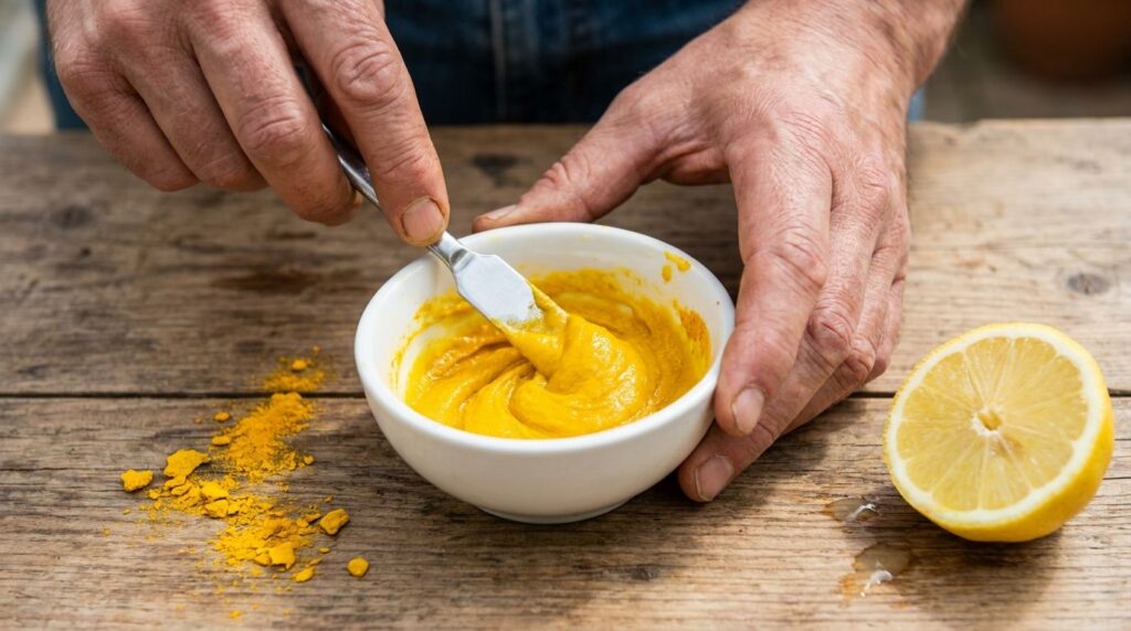 Hands mixing Vaseline turmeric and lemon juice in a small bowl to create a smooth paste